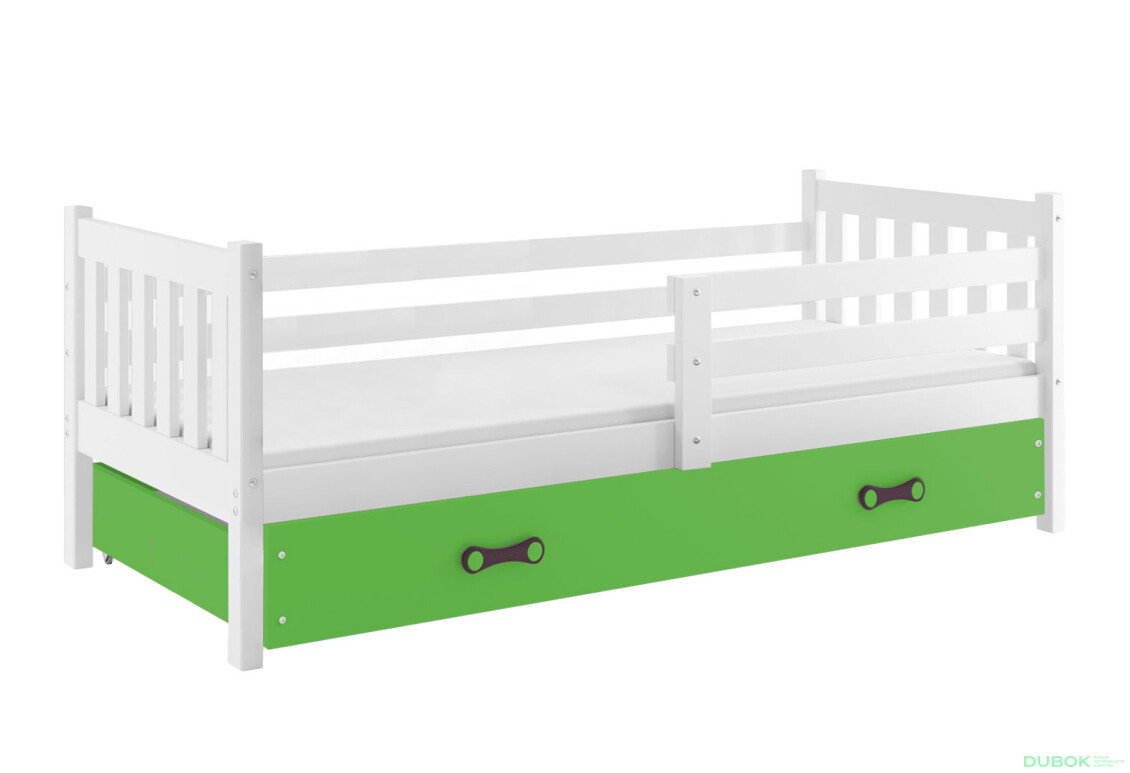 Posteľ Carino biele, zásuvka zelená 90x200 cm s roštom, matracom