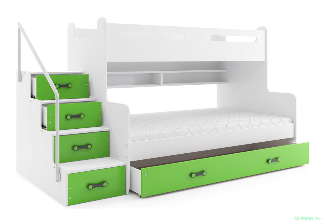Poschodová posteľ Max 3 biele / zelený 80x200 / 120x200 + zásuvka, s roštom, matracom