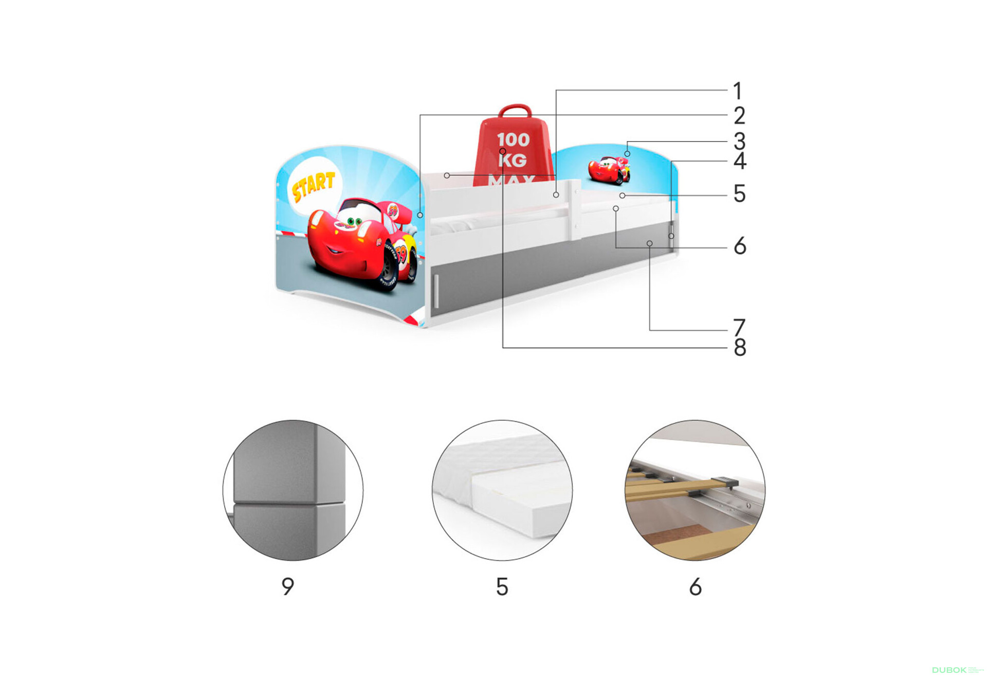 Posteľ Luki 1 borovica Hello Kids 80x160 cm s roštom, matracom - Fotografia 3 Fotografia 3 - Posteľ Luki 1 borovica Hello Kids 80x160 cm s roštom, matracom