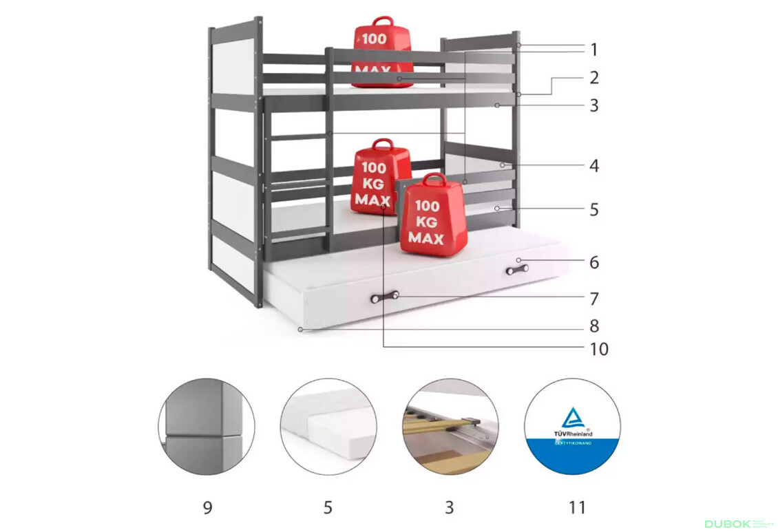Poschodová posteľ Rico pre tri osoby grafit/biele 90x200 cm s roštom, matracom - Fotografia 4 Fotografia 4 - Poschodová posteľ Rico pre tri osoby grafit/biele 90x200 cm s roštom, matracom
