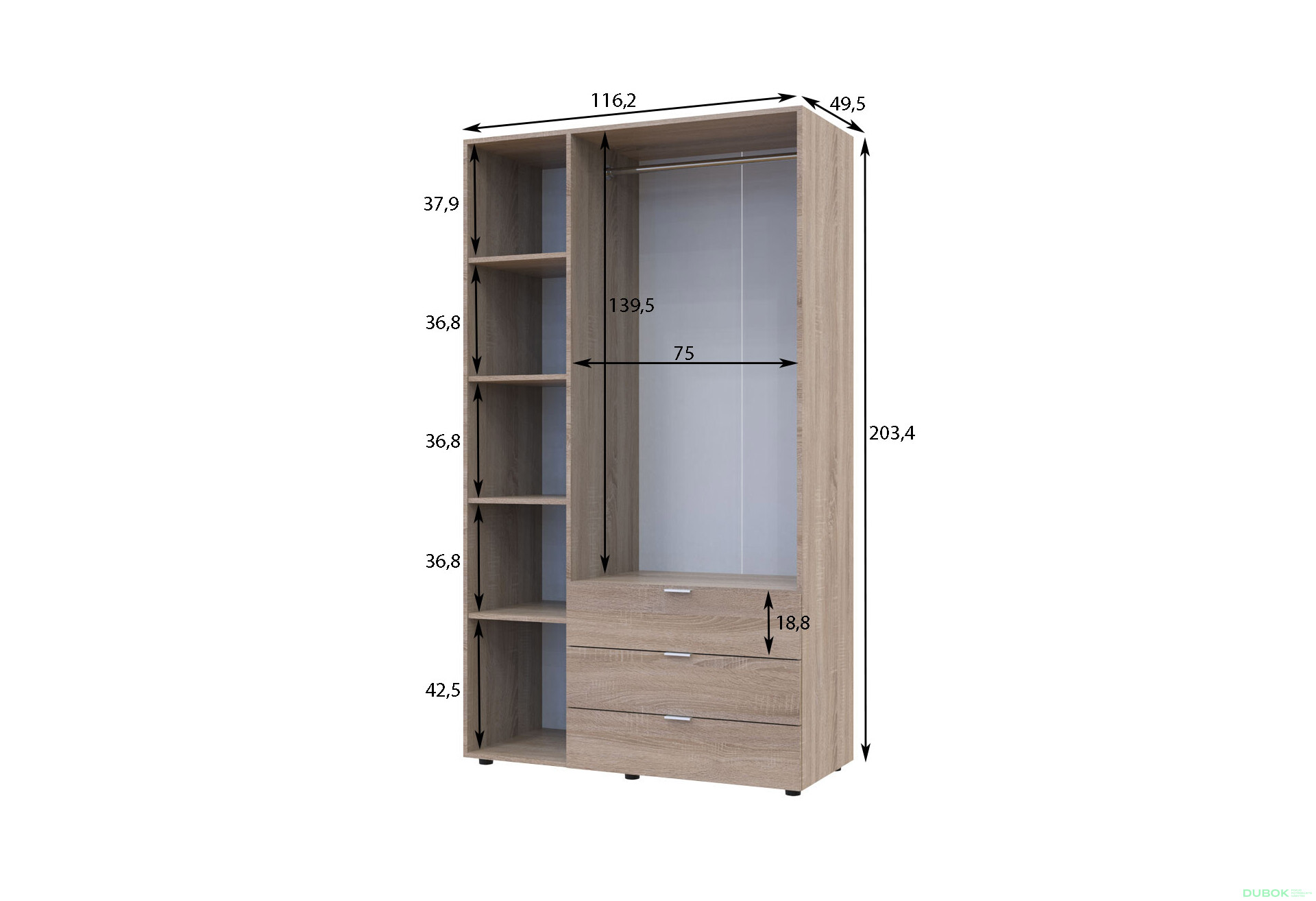 Skriňa trojdverová Gelar 116.2 cm Dub sonoma - Fotografia 5 Fotografia 5 - Skriňa trojdverová Gelar 116.2 cm Dub sonoma
