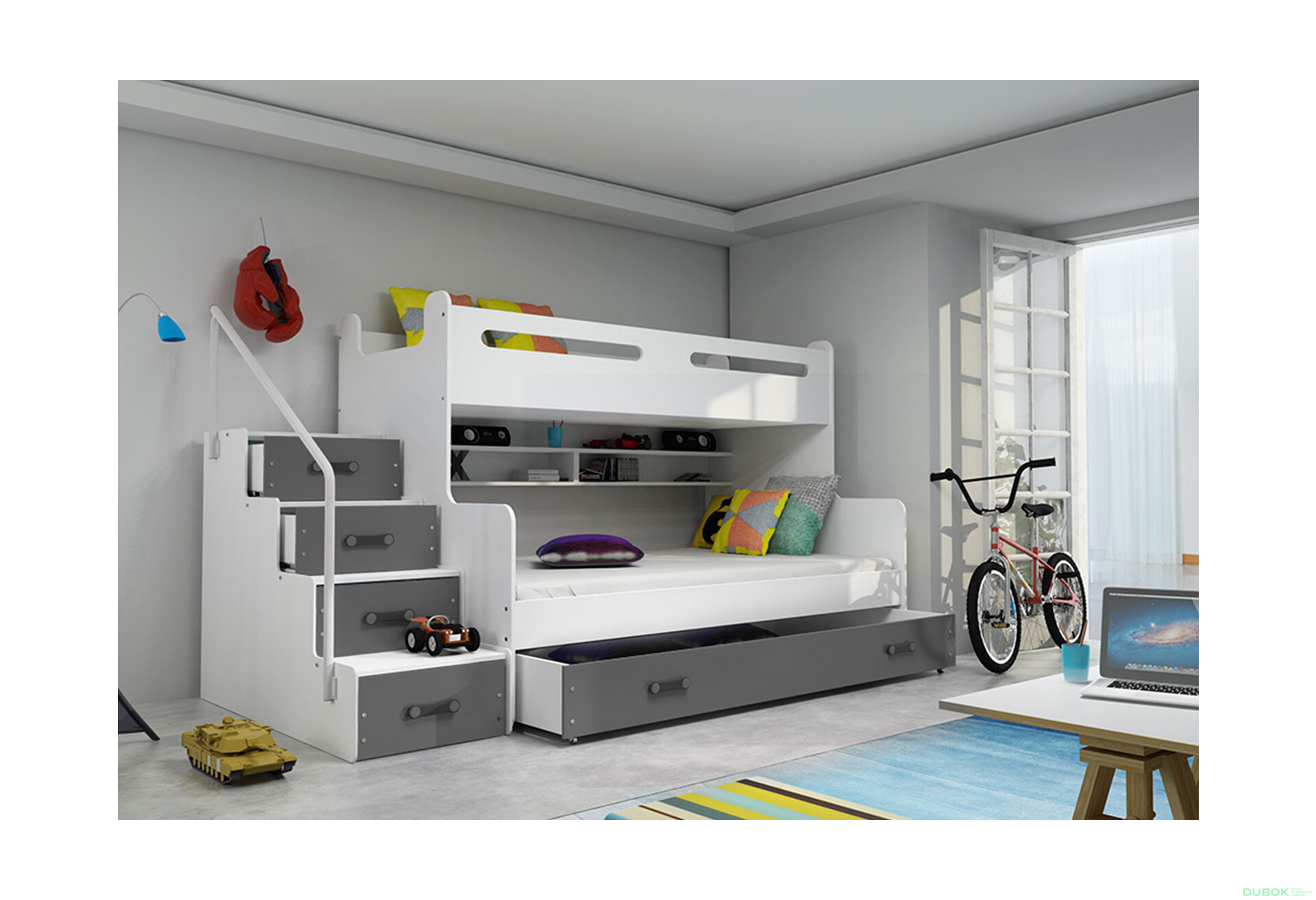 Poschodová posteľ Max 3 biele / grafit 80x200 / 120x200 + zásuvka, s roštom, matracom - Fotografia 3 Fotografia 3 - Poschodová posteľ Max 3 biele / grafit 80x200 / 120x200 + zásuvka, s roštom, matracom