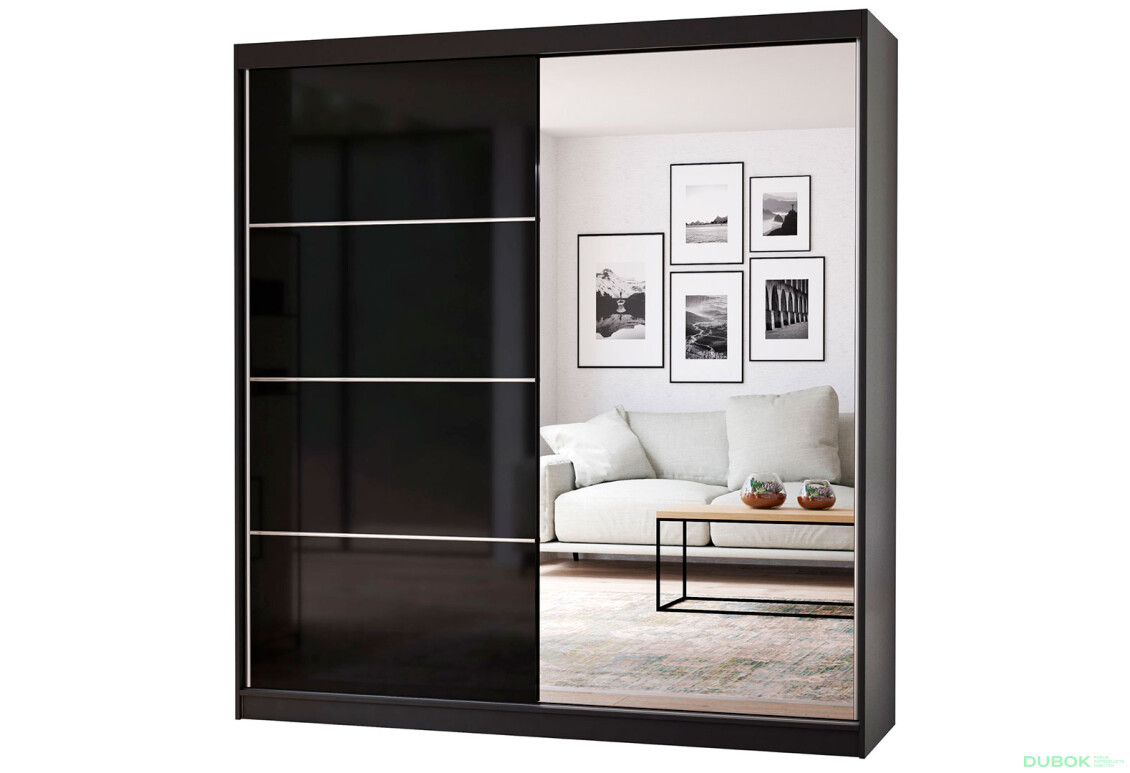 Skriňa Multi 31, 203 čierna + fasáda čierny lesk + zrkadlo