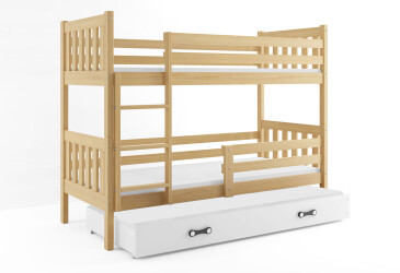 Poschodová posteľ Carino pre tri osoby borovice, zásuvka biela 80x190 cm s roštom, matracom