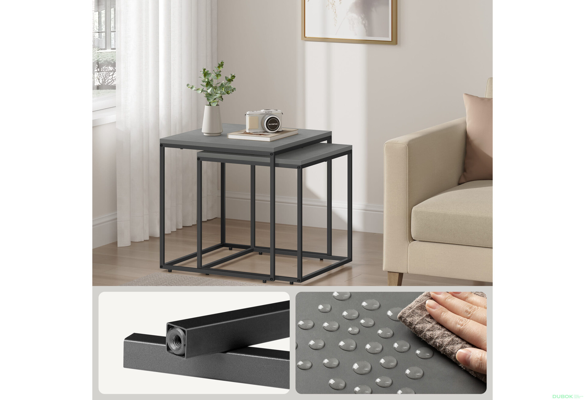 Stolik kawowy kwadrat 2szt - beton / nogi czarne - Fotografia 5 Fotografia 5 - Stolik kawowy kwadrat 2szt - beton / nogi czarne