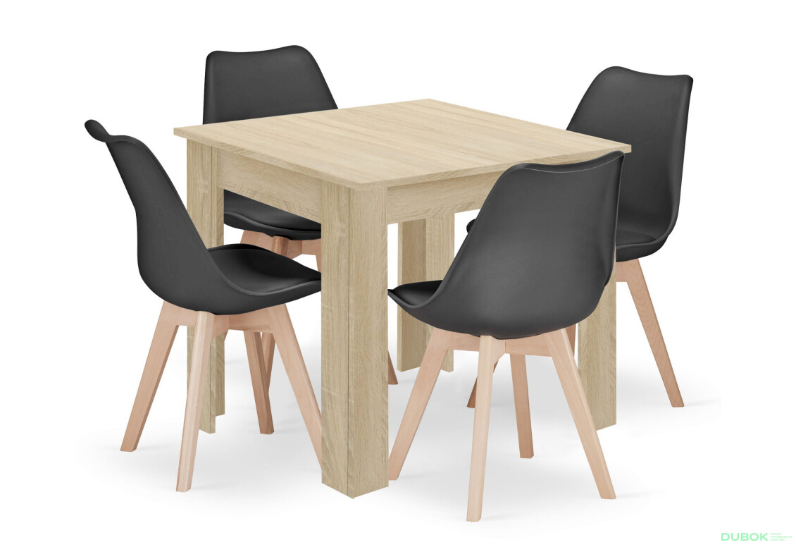 Súprava štvorcový stôl 80x80 dub sonoma + 4 stoličky MARK čierne