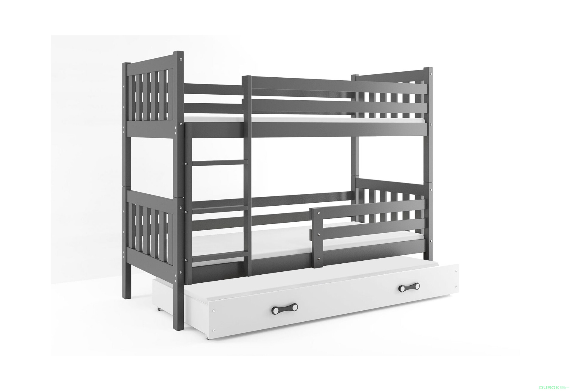Poschodová posteľ Carino pre tri osoby grafit, zásuvka biela 80x190 cm s roštom, matracom - Fotografia 1 Fotografia 1 - Poschodová posteľ Carino pre tri osoby grafit, zásuvka biela 80x190 cm s roštom, matracom