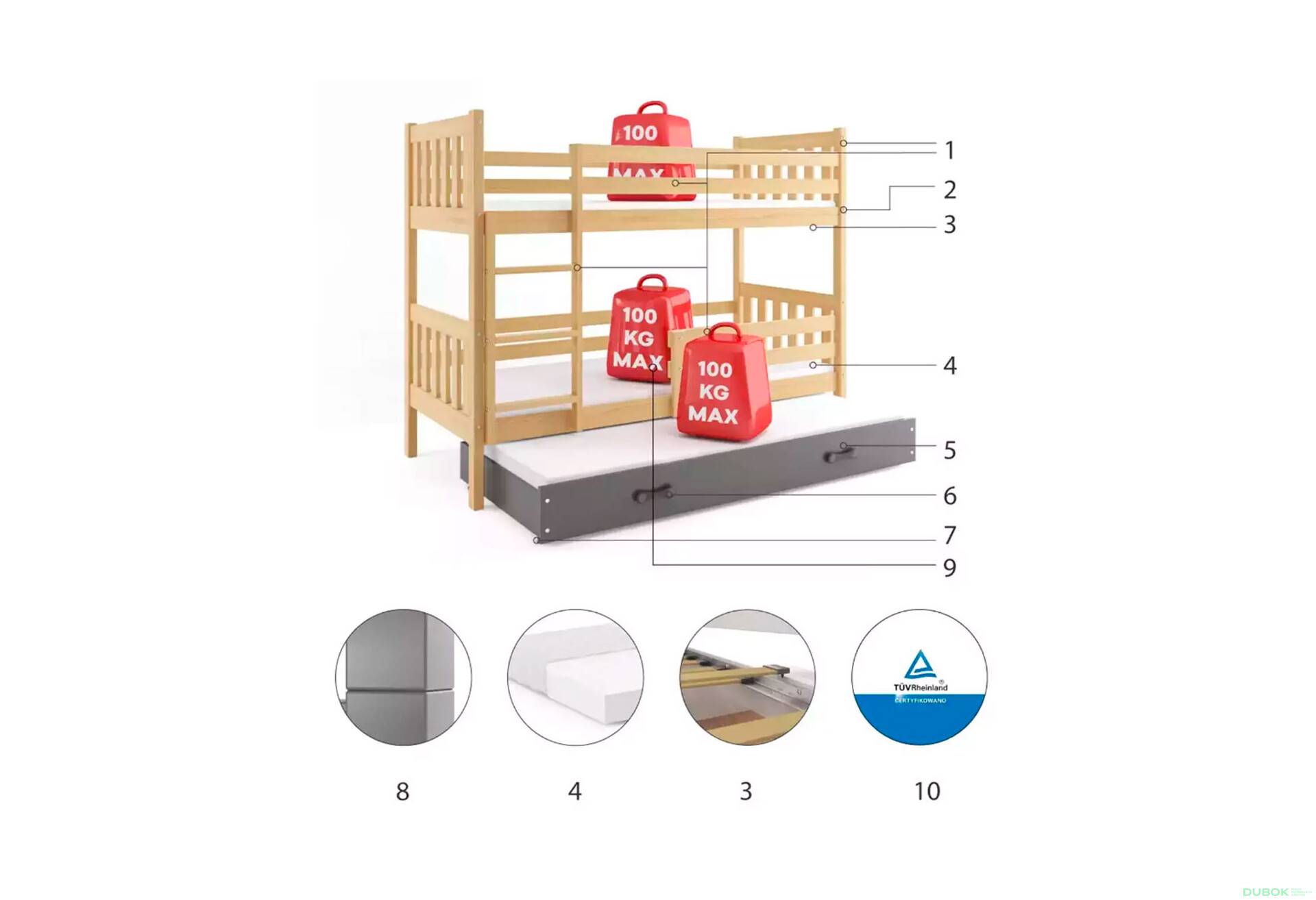 Poschodová posteľ Carino pre tri osoby grafit, zásuvka biela 80x190 cm s roštom, matracom - Fotografia 3 Fotografia 3 - Poschodová posteľ Carino pre tri osoby grafit, zásuvka biela 80x190 cm s roštom, matracom