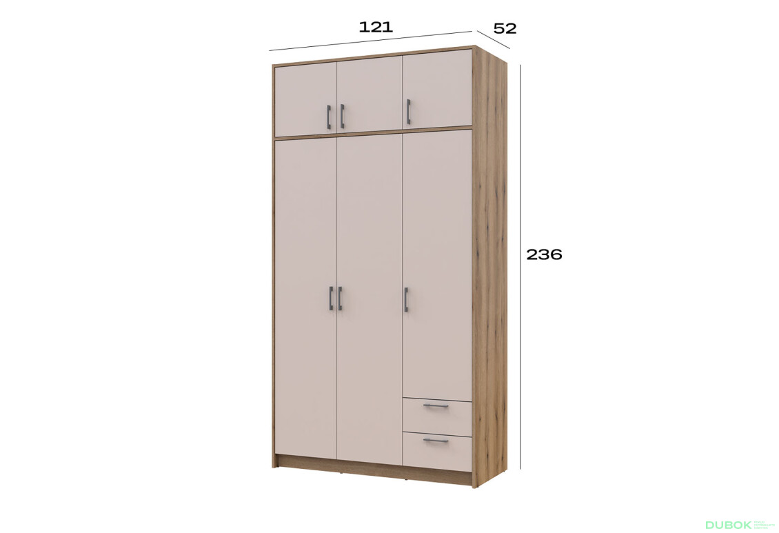 Skriňa Rondi 3 drevotrieska s horným priestorom artisan dub / cashmere 121x52x236 - Fotografia 7 Fotografia 7 - Skriňa Rondi 3 drevotrieska s horným priestorom artisan dub / cashmere 121x52x236