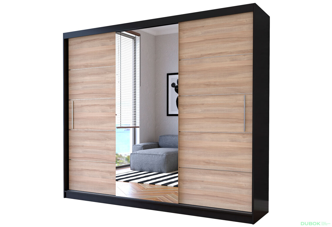 Skriňa Albumy so zrkadlom čierny / dub sonoma