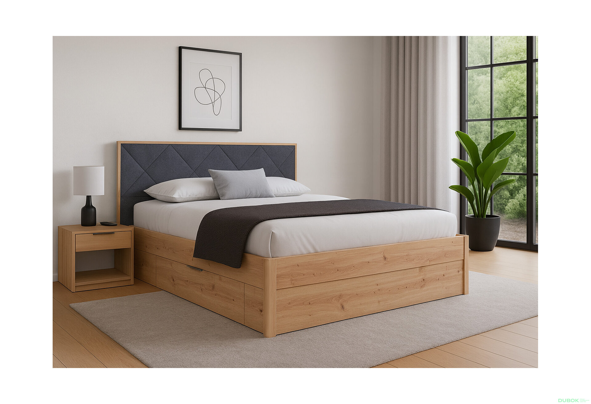 Fotografia 4 - Posteľ 180x200, mäkké čelo, so zásuvkami, bez roštu, dub artisan / tmavosivá Raymond Mat antracit