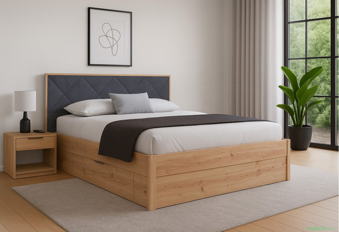 Fotografia 4 - Posteľ 180x200, mäkké čelo, so zásuvkami, bez roštu, dub artisan / tmavosivá Raymond Mat antracit