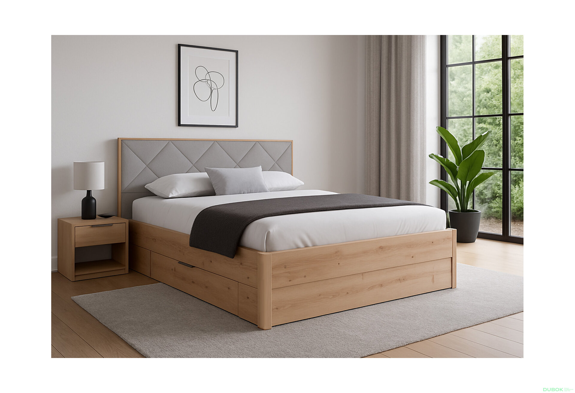 Fotografia 4 - Posteľ 180x200, mäkké čelo, so zásuvkami, bez roštu, dub artisan / sivá Raymond