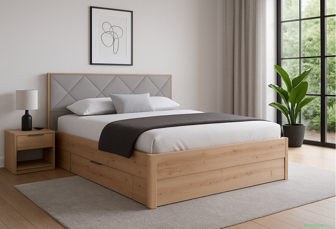 Fotografia 4 - Posteľ 180x200, mäkké čelo, so zásuvkami, bez roštu, dub artisan / sivá Raymond