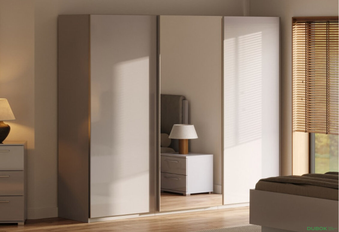 Fotografia 4 - Skriňa s posuvnými dverami 2,5x2,1 m lesklá šedá / zrkadlo Megy