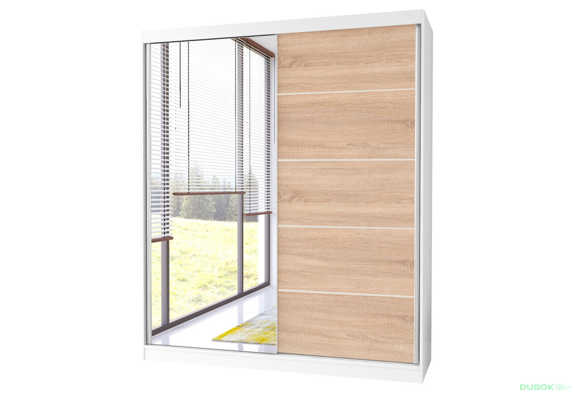 Skriňa Bono 05 so zrkadlom + montinové lišty / aplikácia biely / dub sonoma