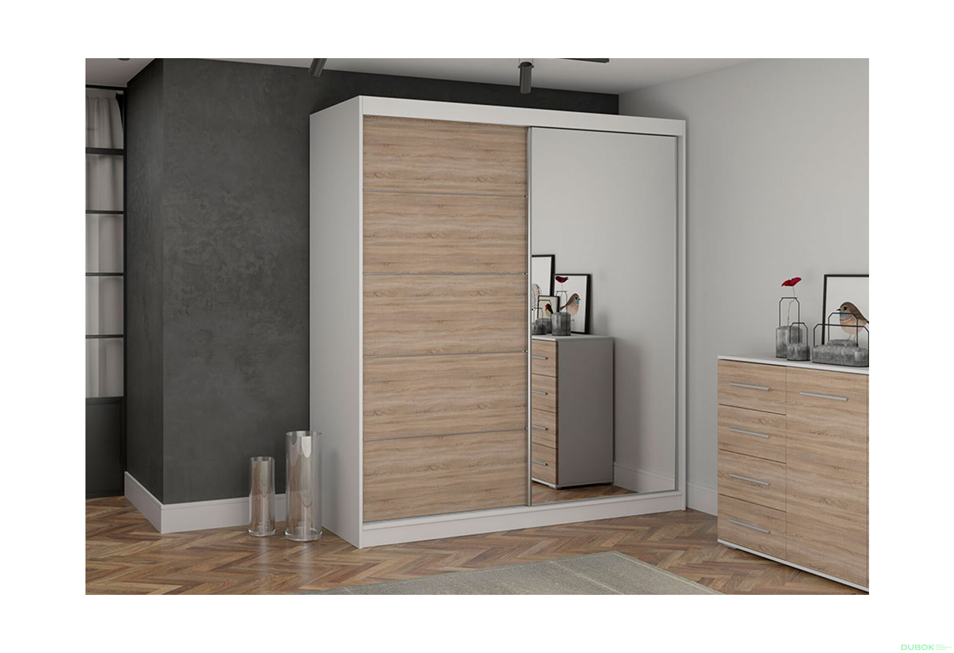 Fotografia 2 - Skriňa Bono 05 so zrkadlom + montinové lišty / aplikácia biely / dub sonoma