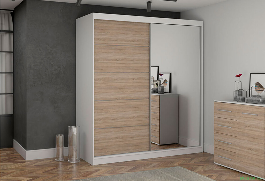 Fotografia 2 - Skriňa Bono 05 so zrkadlom + montinové lišty / aplikácia biely / dub sonoma