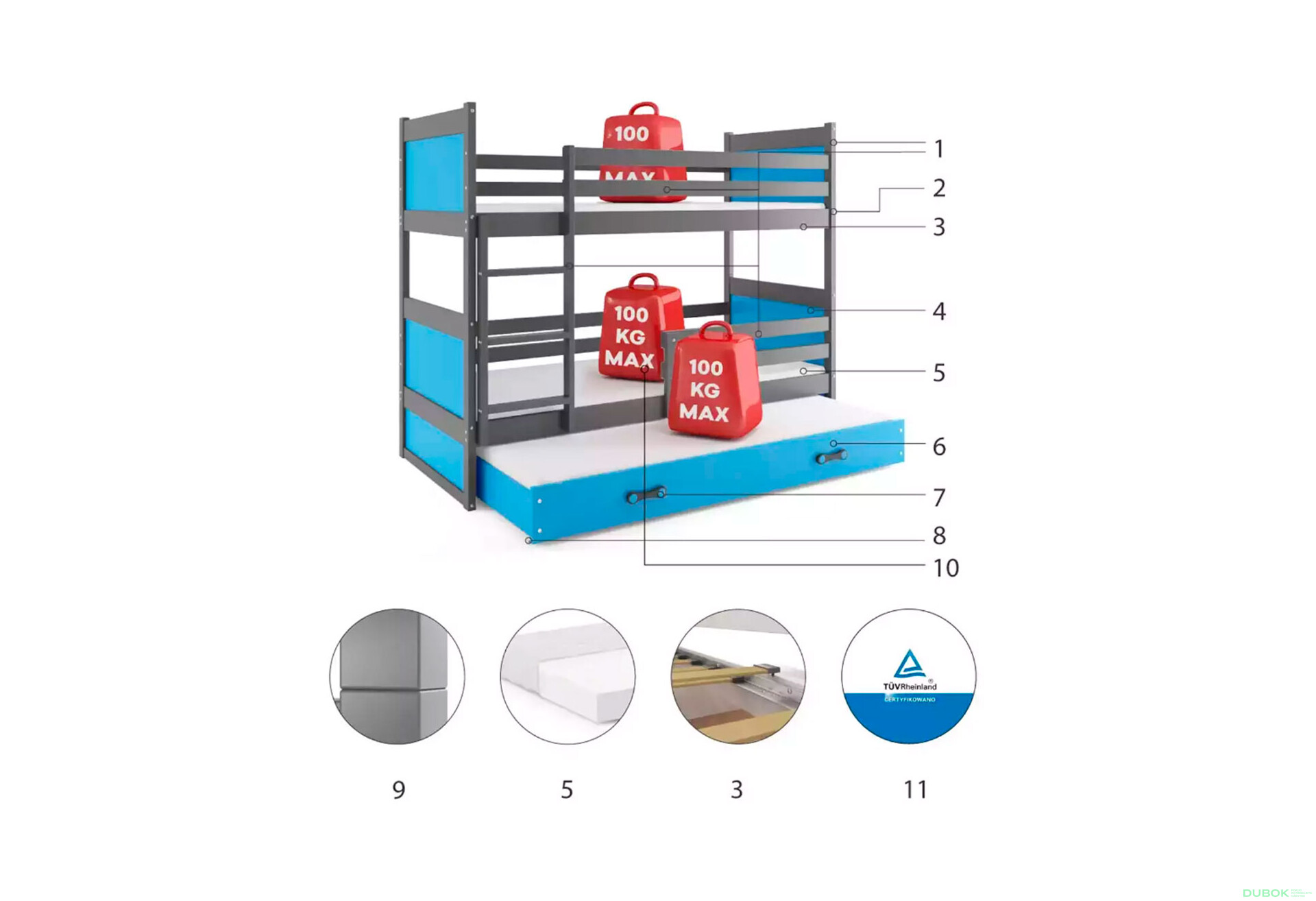 Poschodová posteľ Rico pre tri osoby grafit/modrý 90x200 cm s roštom, matracom - Fotografia 4 Fotografia 4 - Poschodová posteľ Rico pre tri osoby grafit/modrý 90x200 cm s roštom, matracom