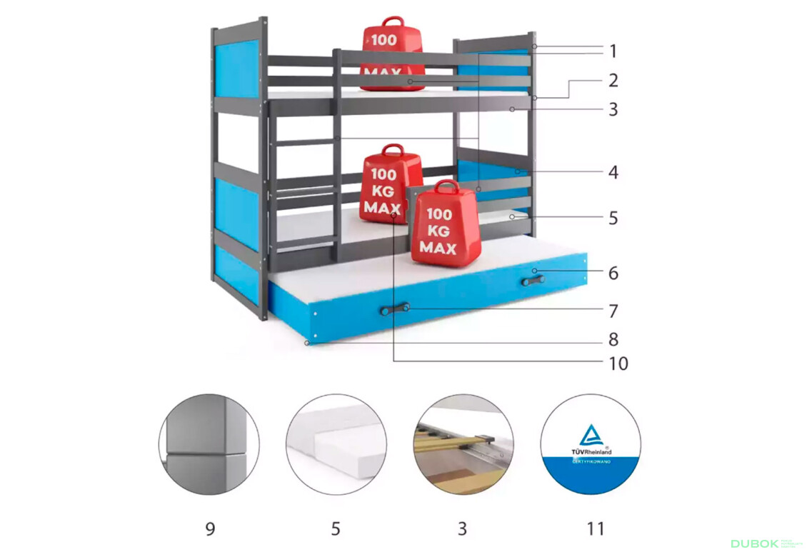 Poschodová posteľ Rico pre tri osoby grafit/modrý 90x200 cm s roštom, matracom - Fotografia 4 Fotografia 4 - Poschodová posteľ Rico pre tri osoby grafit/modrý 90x200 cm s roštom, matracom