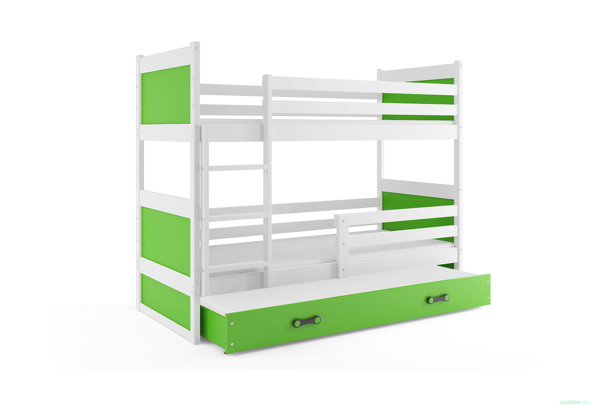 Poschodová posteľ Rico pre tri osoby biele / zelený 90x200 cm s roštom, matracom - Fotografia 1 Fotografia 1 - Poschodová posteľ Rico pre tri osoby biele / zelený 90x200 cm s roštom, matracom