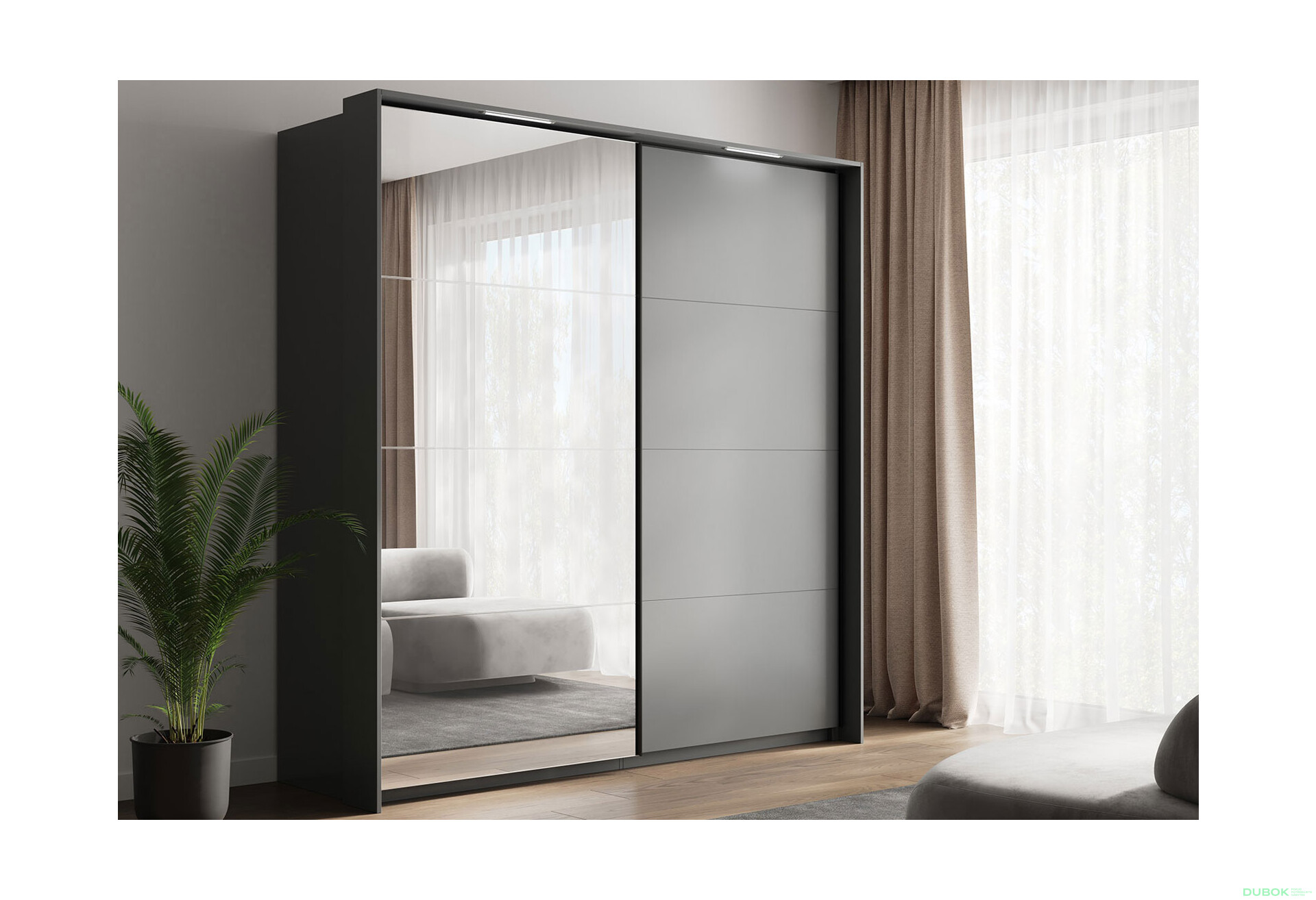 Skriňa s posuvnými dverami 2,0x2,1m (Dvere Grafit/Zrkadlo) séria N Doni - Fotografia 6 Fotografia 6 - Skriňa s posuvnými dverami 2,0x2,1m (Dvere Grafit/Zrkadlo) séria N Doni