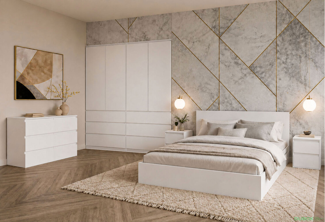 Súprava do spálne so šatníkovou skriňou 4D a posteľou 160x200 cm so zásuvkami, nymfhea alba Idea