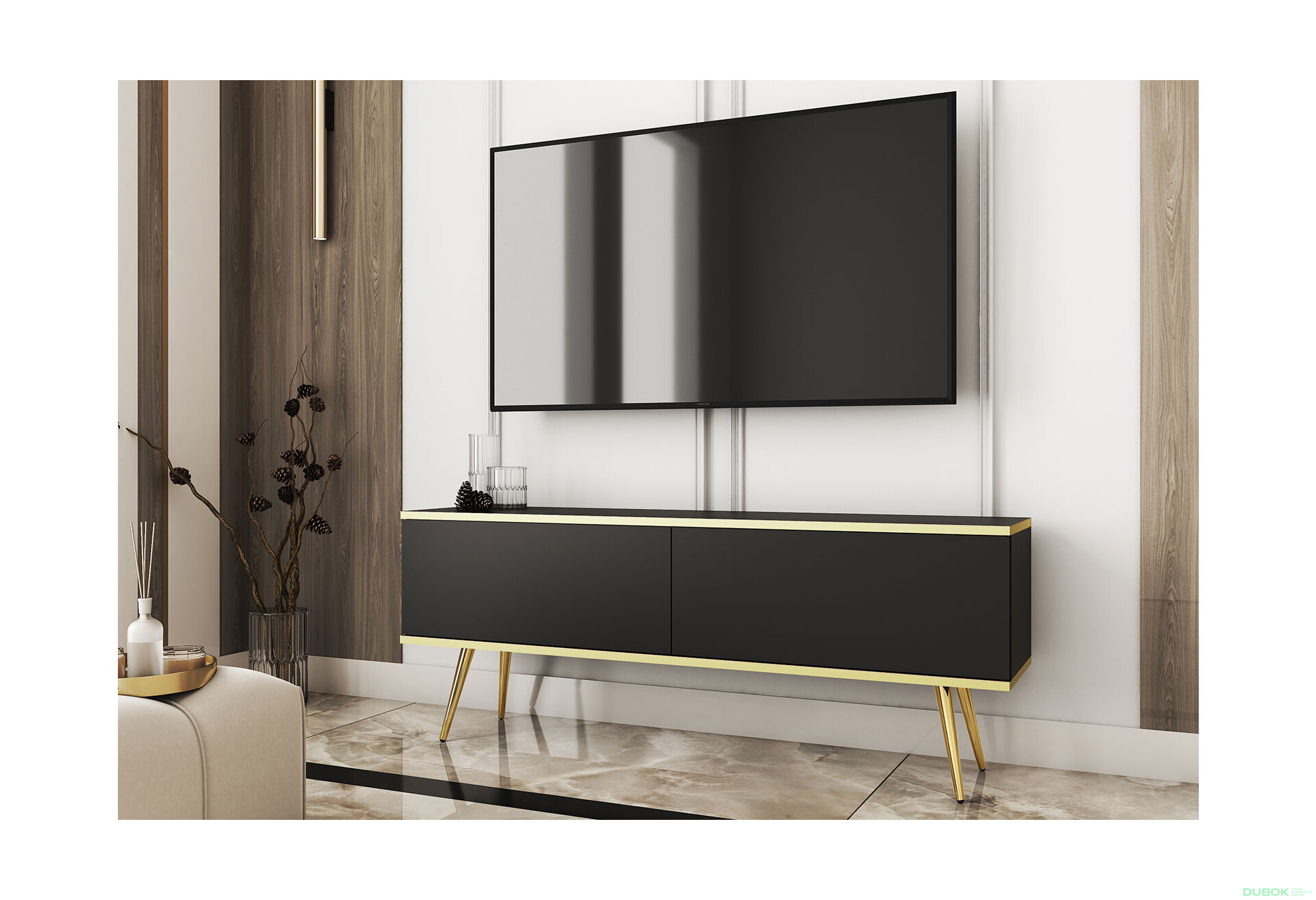 TV stolík RTV 135 čierny, zlaté nohy Oro - Fotografia 2 Fotografia 2 - TV stolík RTV 135 čierny, zlaté nohy Oro