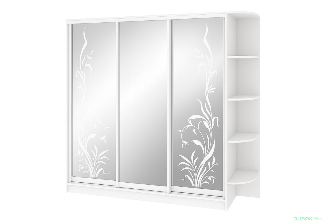 Skriňa Rim-Veneziano 3D 2,3 m s umeleckým matovaním na zrkadle 724LR a bočnými policami, biela