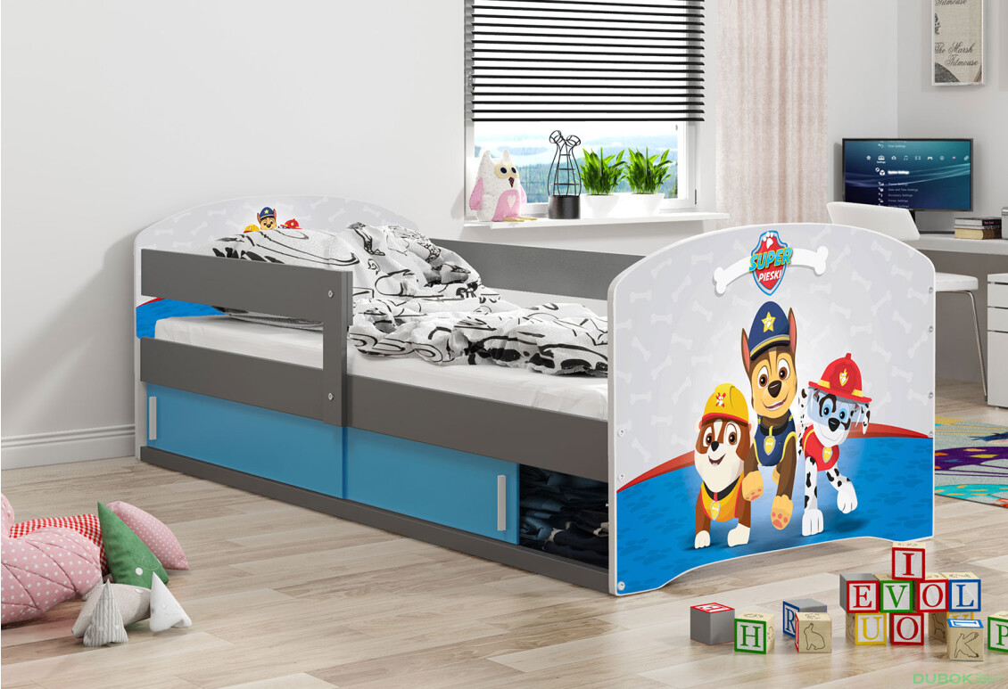 Posteľ Luki 1 grafit Tlapková patrola 80x160 cm s roštom, matracom - Fotografia 2 Fotografia 2 - Posteľ Luki 1 grafit Tlapková patrola 80x160 cm s roštom, matracom