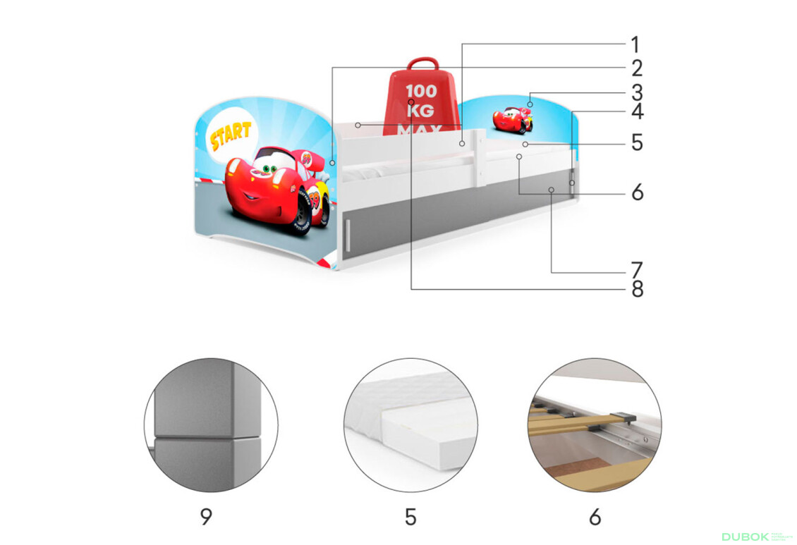 Posteľ Luki 1 grafit Tlapková patrola 80x160 cm s roštom, matracom - Fotografia 3 Fotografia 3 - Posteľ Luki 1 grafit Tlapková patrola 80x160 cm s roštom, matracom
