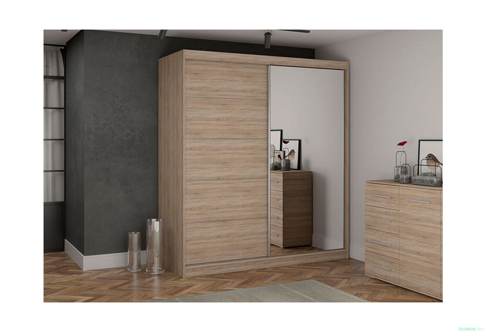 Fotografia 2 - Skriňa Bono 05 so zrkadlom + montinové lišty / aplikácia dub sonoma