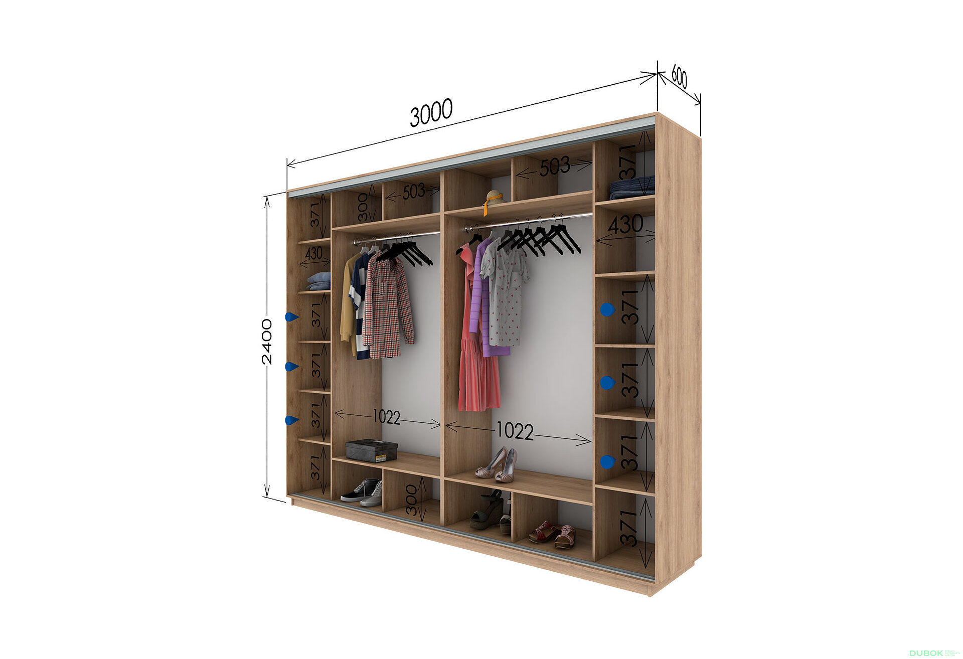 Fotografia 2 - Skriňa s posuvnými dverami 2400x3000x600 3DTD 1 zrkadlo dub sonoma, profil strieborný