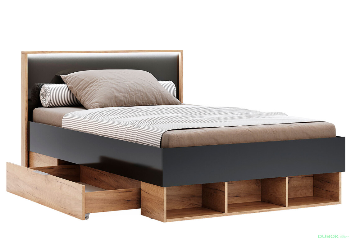 Posteľ Junior 1,4x2,0 s šuplíkmi Lava / dub kraft Luna - Fotografia 3 Fotografia 3 - Posteľ Junior 1,4x2,0 s šuplíkmi Lava / dub kraft Luna