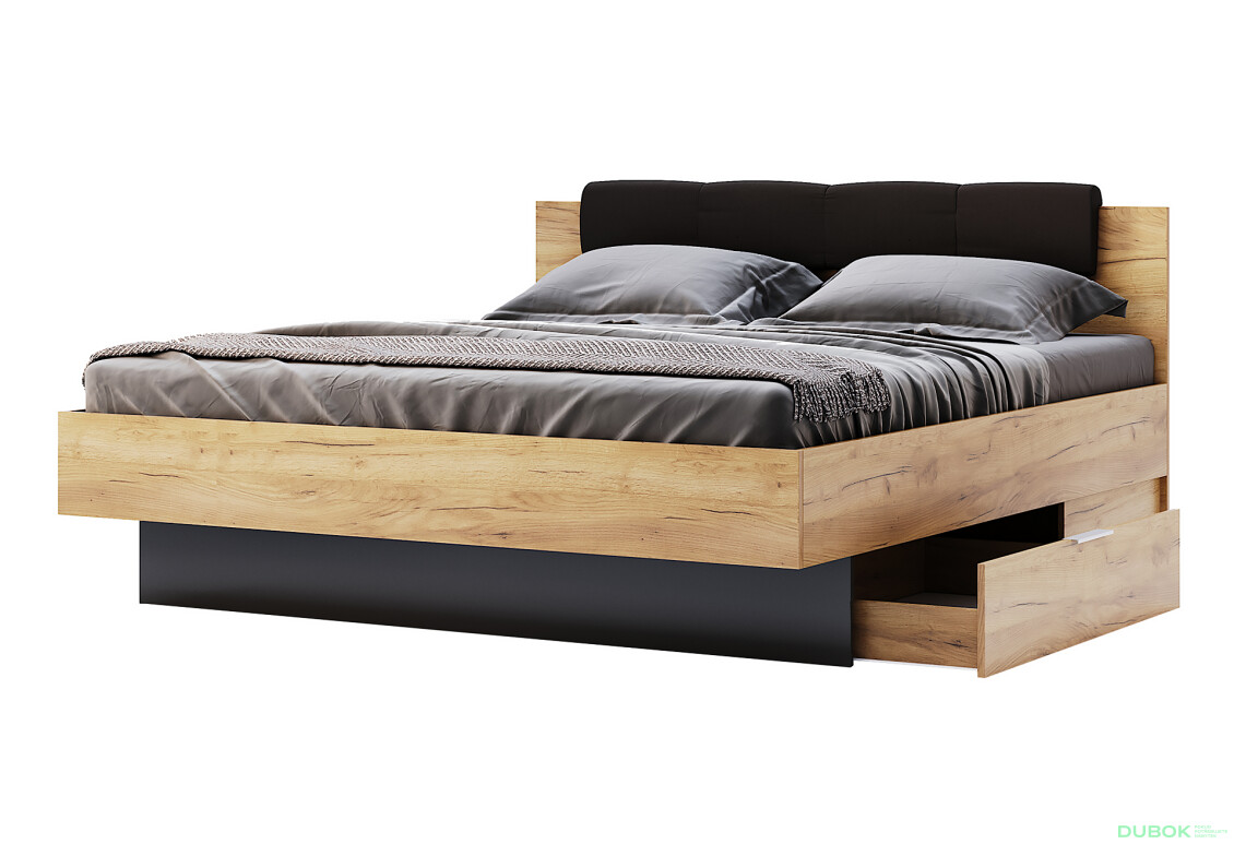 Posteľ 160x200, čalúnené čelo so šuplíkmi (bez rámu) Lava / dub kraft Luna