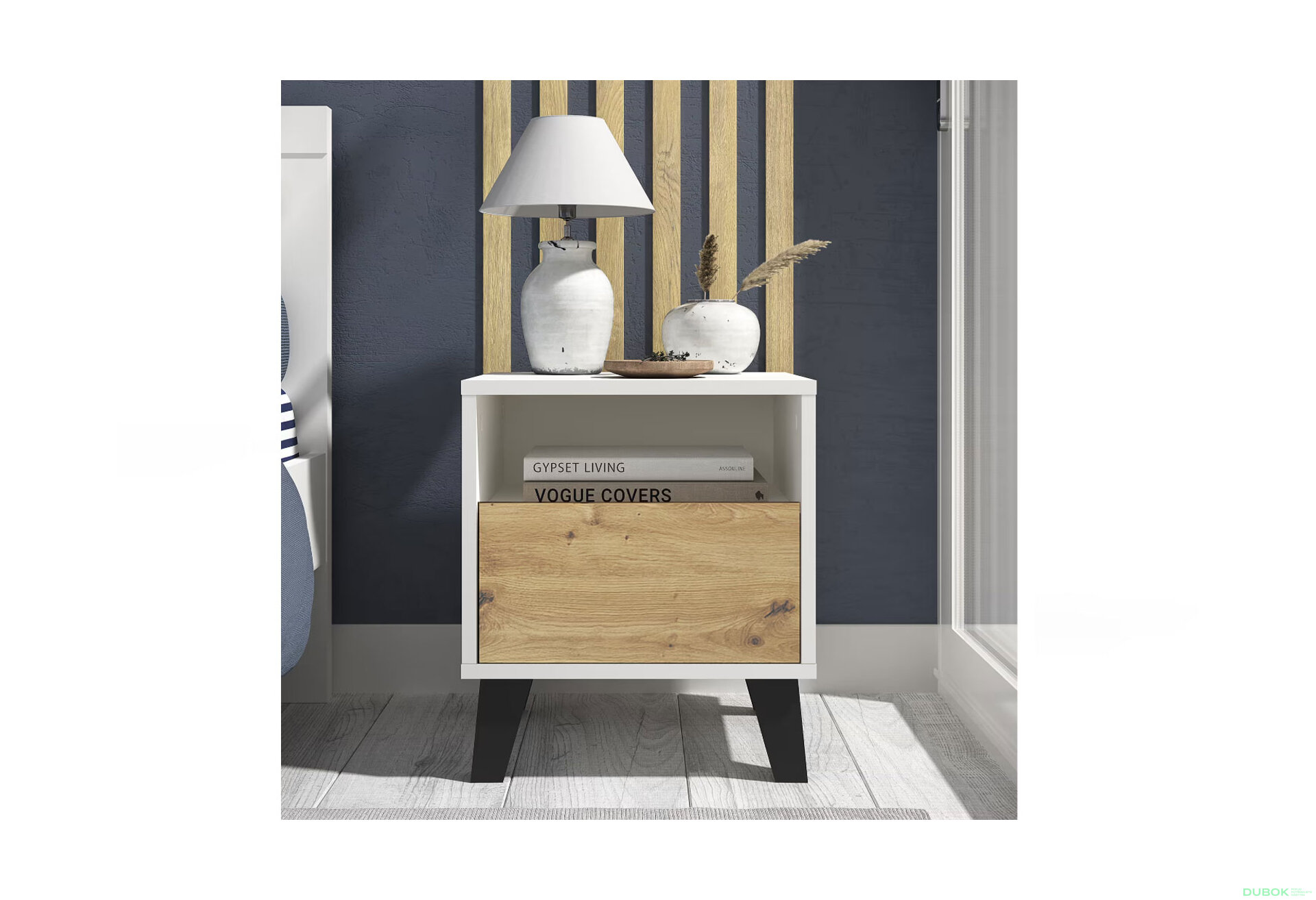 Fotografia 2 - Nočný stolík Borg 1s biely / dub artisan