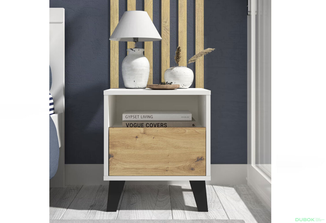 Fotografia 2 - Nočný stolík Borg 1s biely / dub artisan