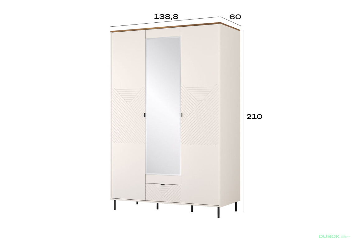 Skriňa trojdverová so zrkadlom Evo 138,8x210x60 cm Kašmír / Dub castello - Fotografia 6 Fotografia 6 - Skriňa trojdverová so zrkadlom Evo 138,8x210x60 cm Kašmír / Dub castello