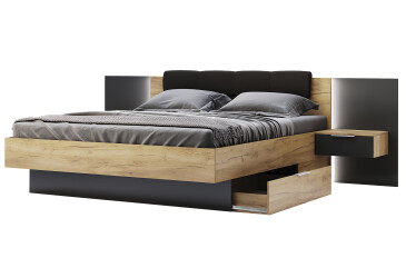 Sada Posteľ 180x200, mäkké čelo, s nočnými stolíkmi (bez rámu) Lava / dub kraft