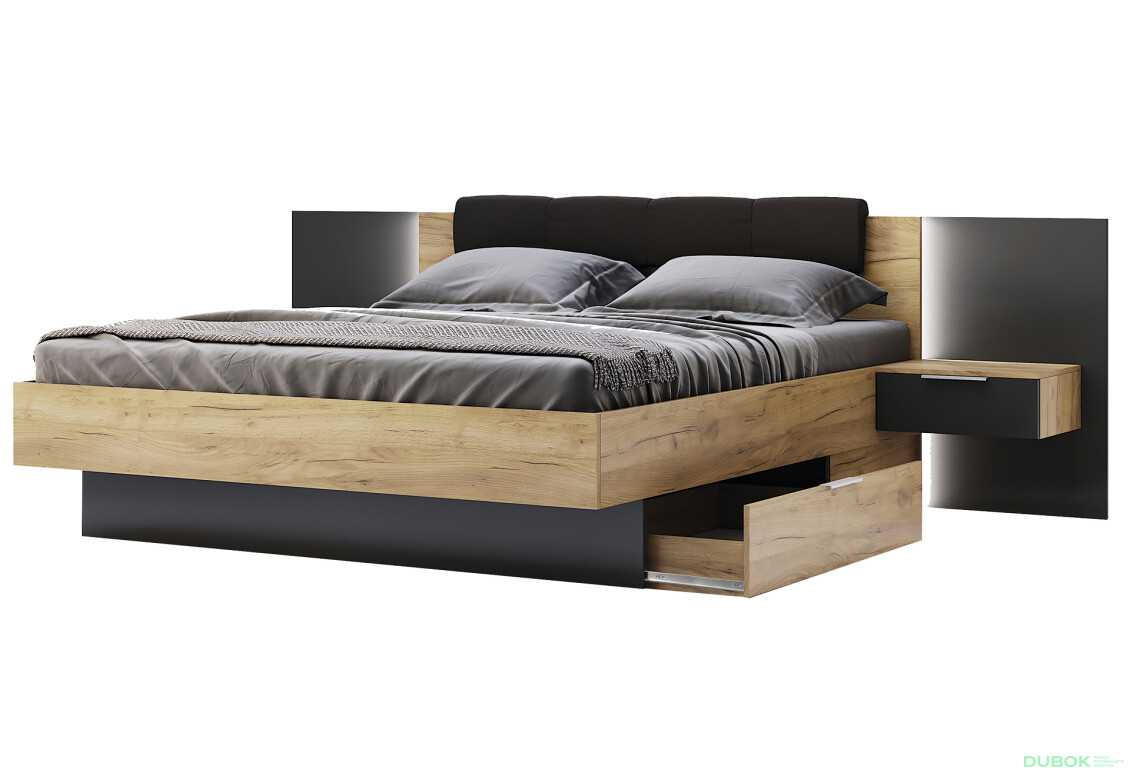 Sada Posteľ 180x200, mäkké čelo, s nočnými stolíkmi (bez rámu) Lava / dub kraft Luna