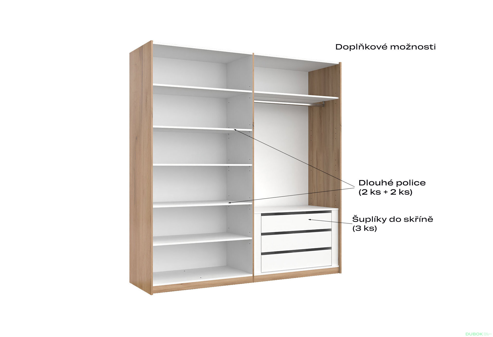 Fotografia 3 - Skriňa s posuvnými dverami 2.0x2.1 m (Dvere Dub Kraft/Lesklá Biela) séria N Asti