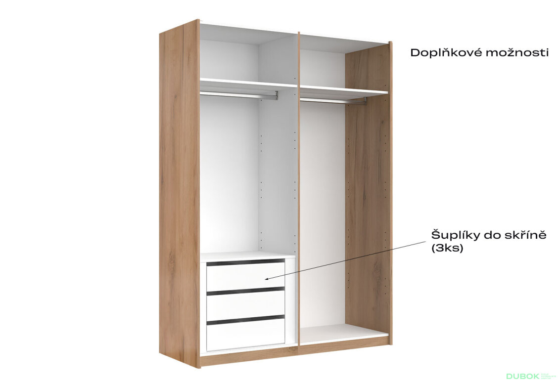 Fotografia 5 - Skriňa s posuvnými dverami 1,5x2,1m (Dvere Dub Kraft/Lesklá Biela) séria N Asti