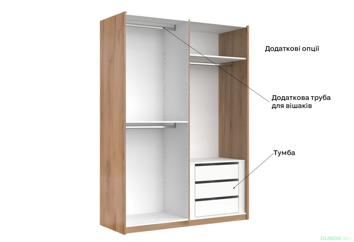 Skriňa s posuvnými dverami 1,5x2,1m (Dvere Dub Kraft/Lesklá Biela) séria N Asti - Fotografia 10 Fotografia 10 - Skriňa s posuvnými dverami 1,5x2,1m (Dvere Dub Kraft/Lesklá Biela) séria N Asti