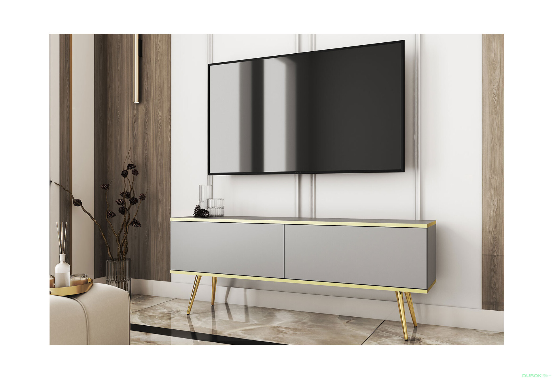 TV stolík RTV 135 sivý, zlaté nohy Oro - Fotografia 2 Fotografia 2 - TV stolík RTV 135 sivý, zlaté nohy Oro