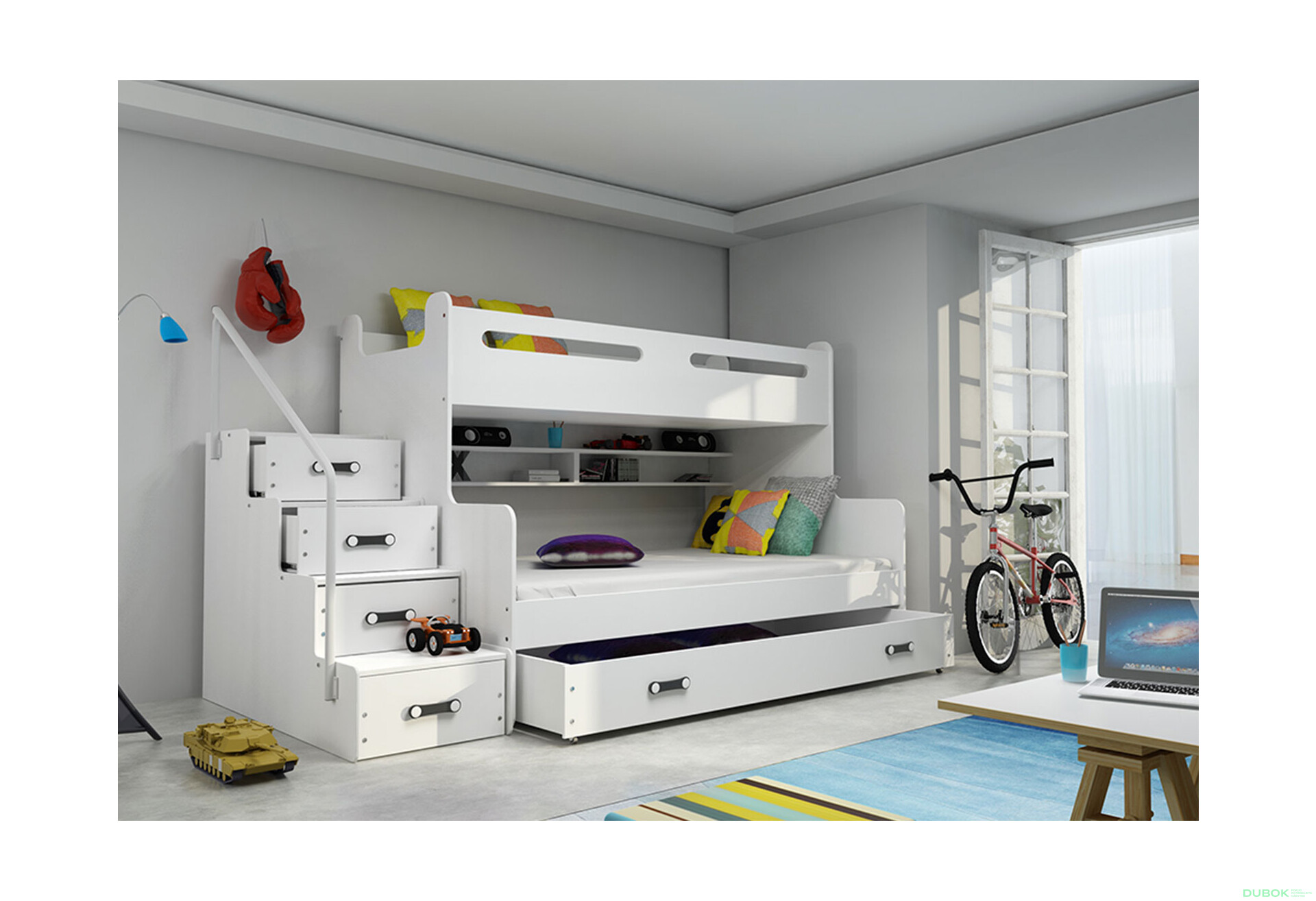 Fotografia 3 - Poschodová posteľ Max 3 biele 80x200 / 120x200 + zásuvka, s roštom, matracom