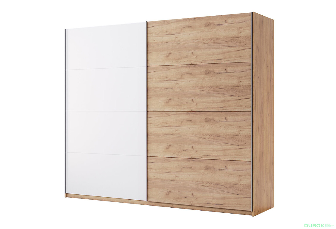 Skriňa s posuvnými dverami 2,5x2,1m (Dvere Dub Kraft/Lesklá Biela) séria N Asti - Fotografia 1 Fotografia 1 - Skriňa s posuvnými dverami 2,5x2,1m (Dvere Dub Kraft/Lesklá Biela) séria N Asti