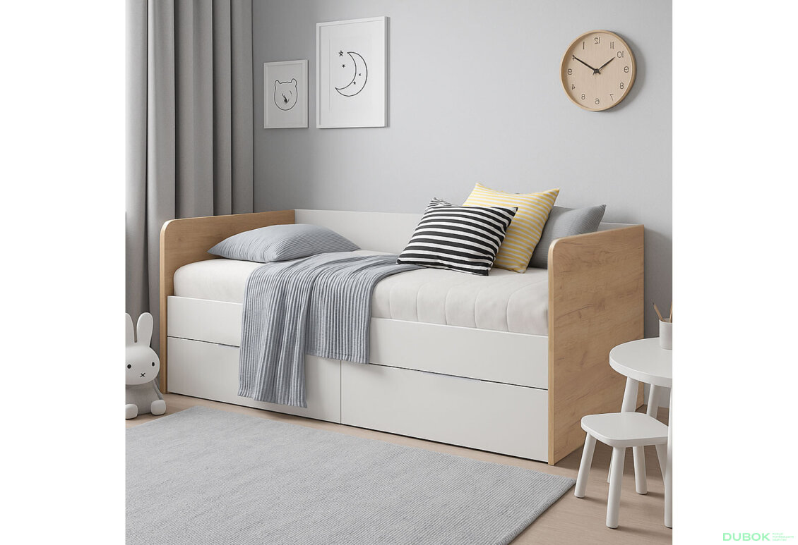 Fotografia 3 - Posteľ Junior 0,9x2,0 s rámom, lesklá biela / dub kraft Asti