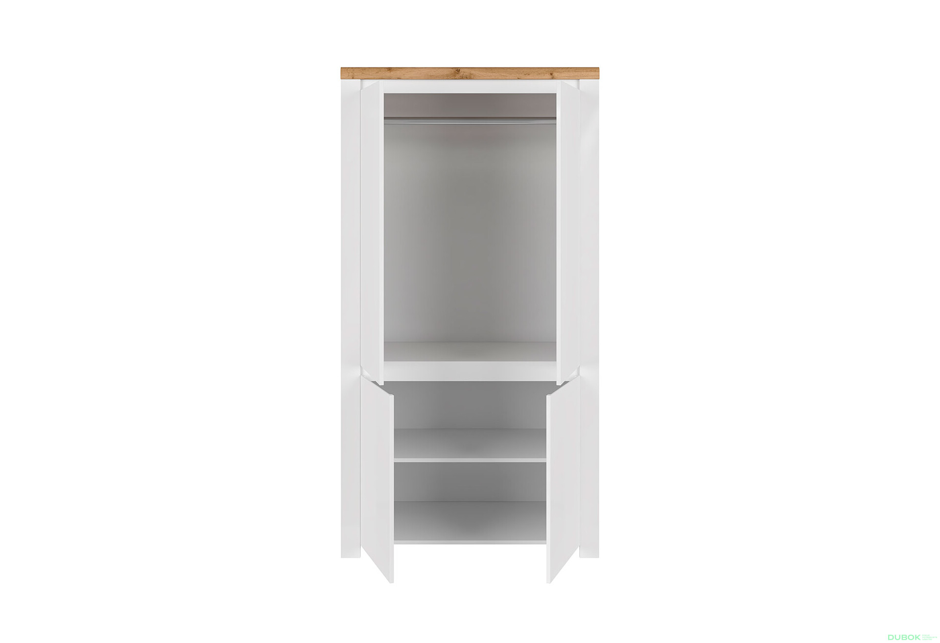 Skriňa štvordverová Vigo 106x202x56 cm Biely lesk / Dub wotan - Fotografia 2 Fotografia 2 - Skriňa štvordverová Vigo 106x202x56 cm Biely lesk / Dub wotan