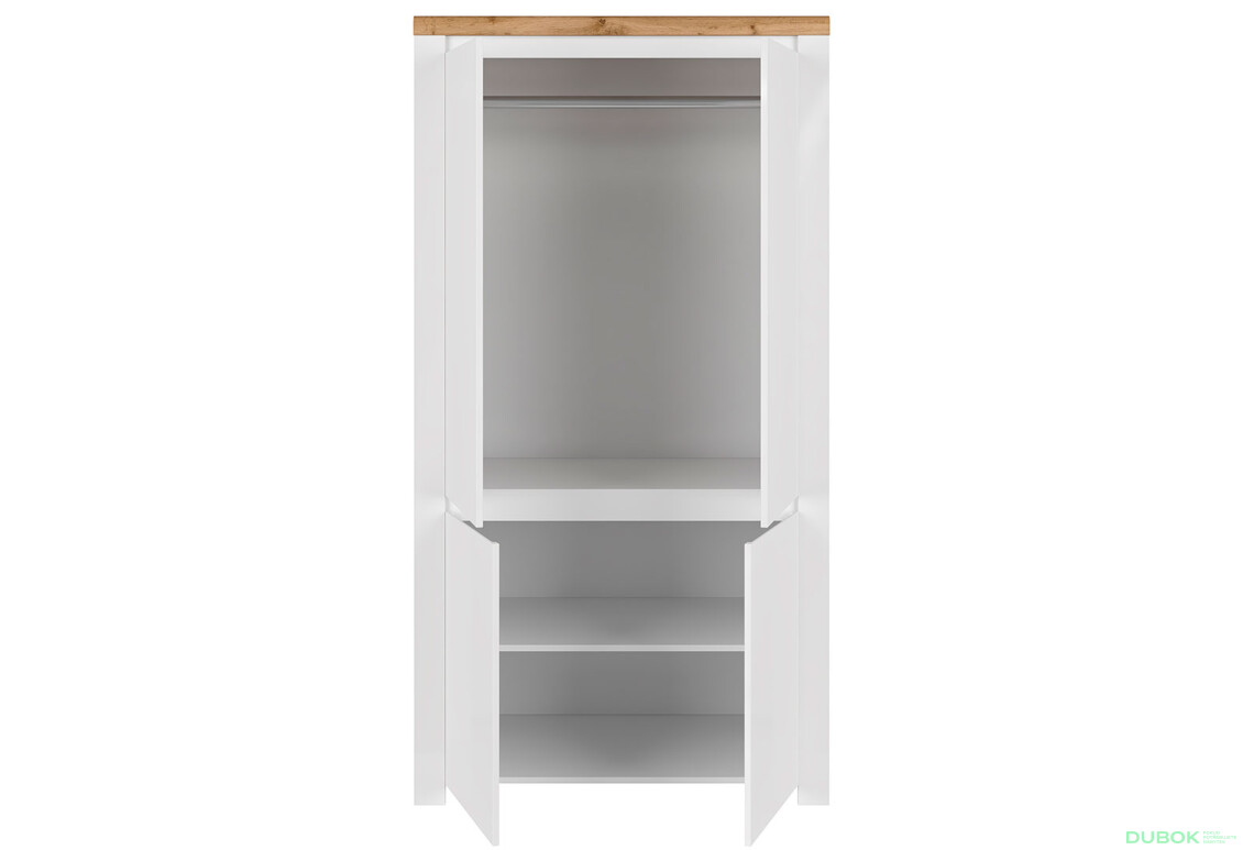 Skriňa štvordverová Vigo 106x202x56 cm Biely lesk / Dub wotan - Fotografia 2 Fotografia 2 - Skriňa štvordverová Vigo 106x202x56 cm Biely lesk / Dub wotan