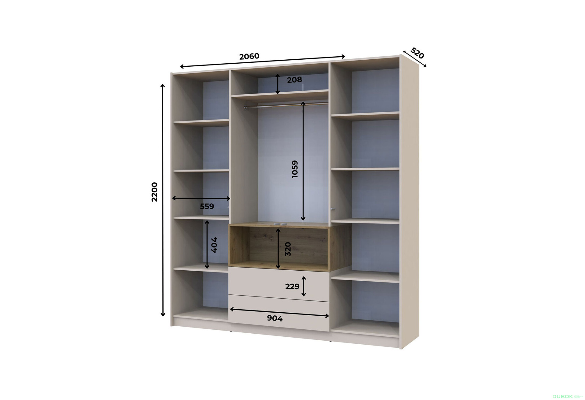 Skriňa štvordverová Dale 206x52x220 cm Kašmír/Dub artisan - Fotografia 7 Fotografia 7 - Skriňa štvordverová Dale 206x52x220 cm Kašmír/Dub artisan